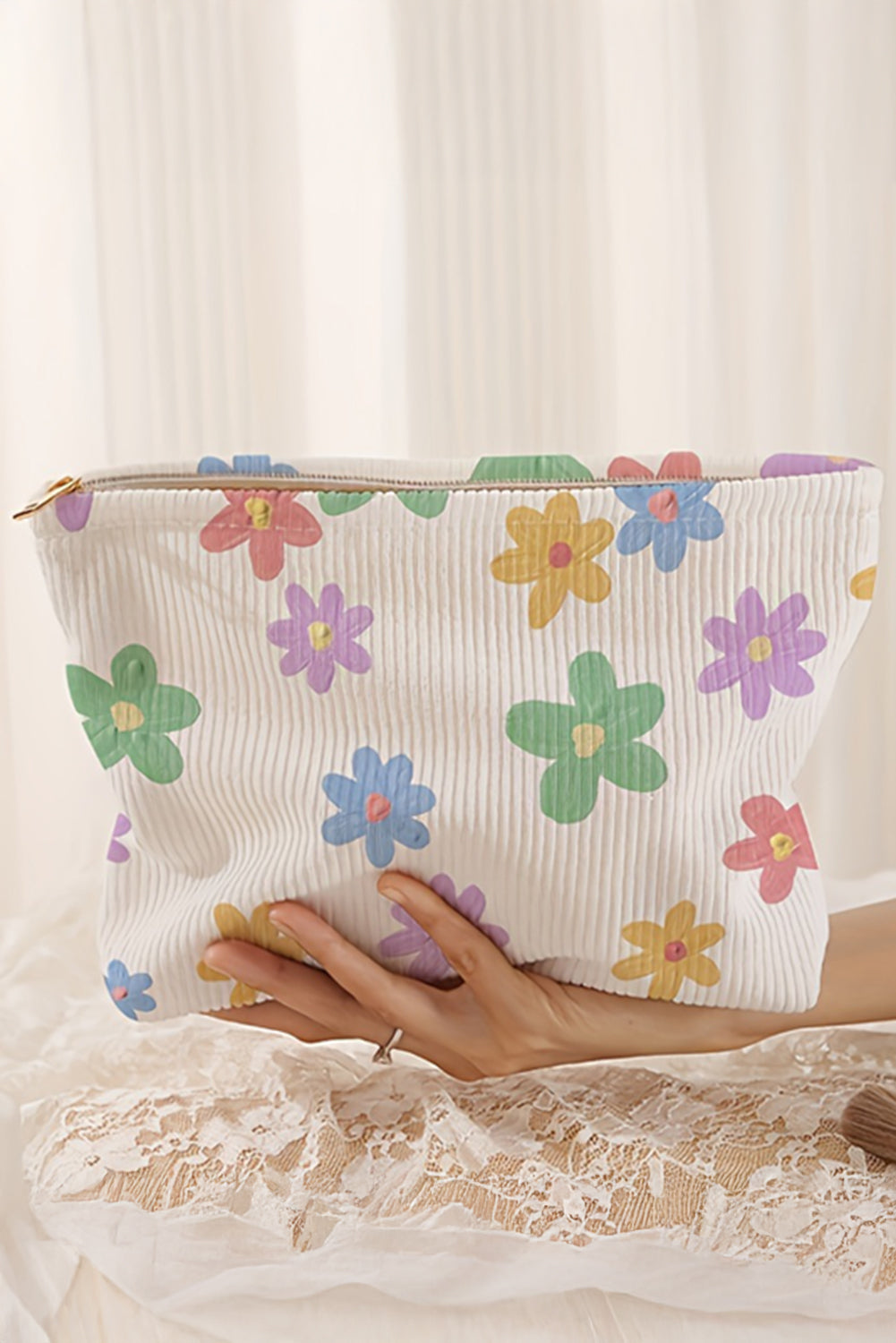 White Flower Print Rib Textured Large Cosmetic Bag