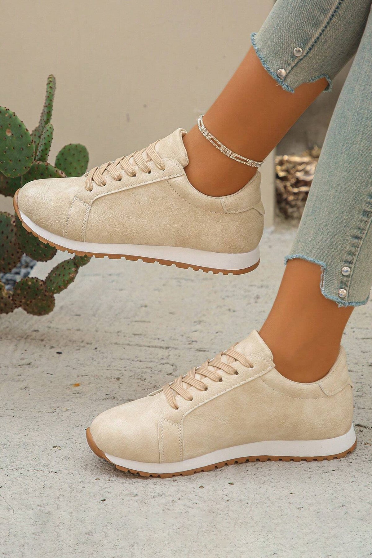 Beige Faux Suede Lace-up Sneakers
