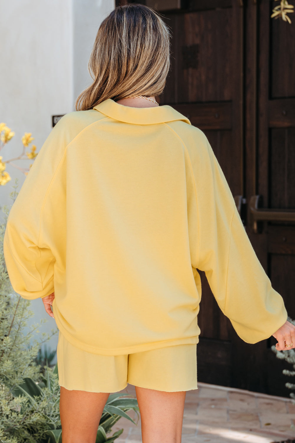 Women's Yellow Cream Button Collar Drop Shoulder Pullover and Shorts Two-Piece Outfit Set