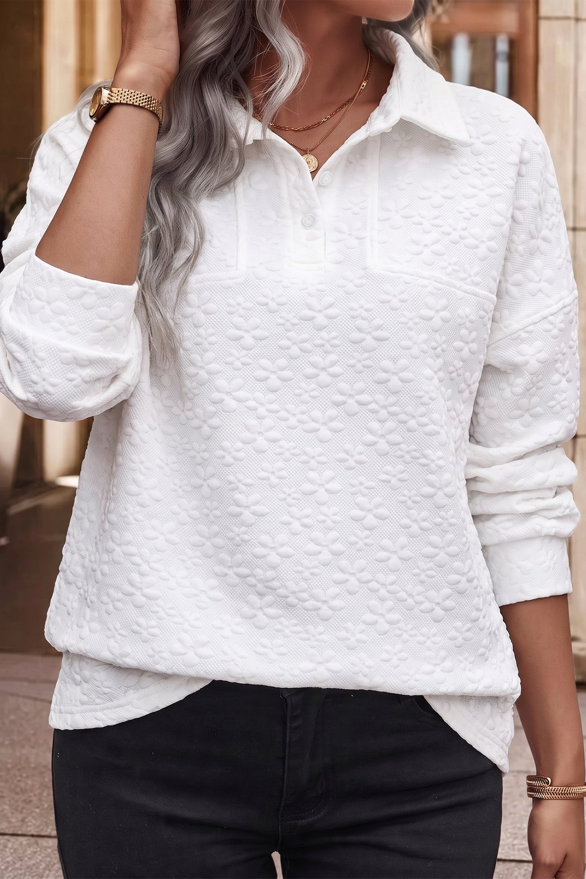 White Textured Button Collar Sweatshirt