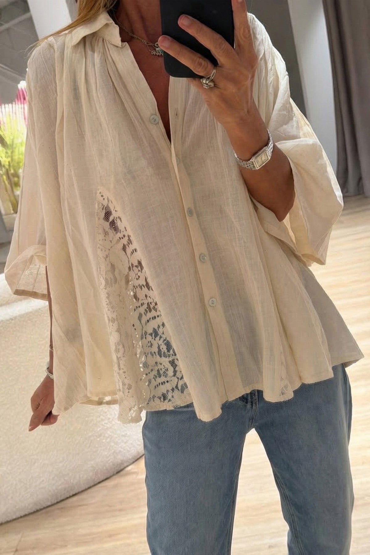Oatmeal Sheer Lace Splicing Detail Bracelet Sleeve Flowy Shirt