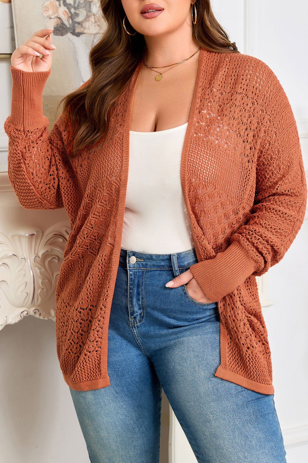 Redwood Burl Mixed Pattern Knitted Open-Front Plus Cardigan