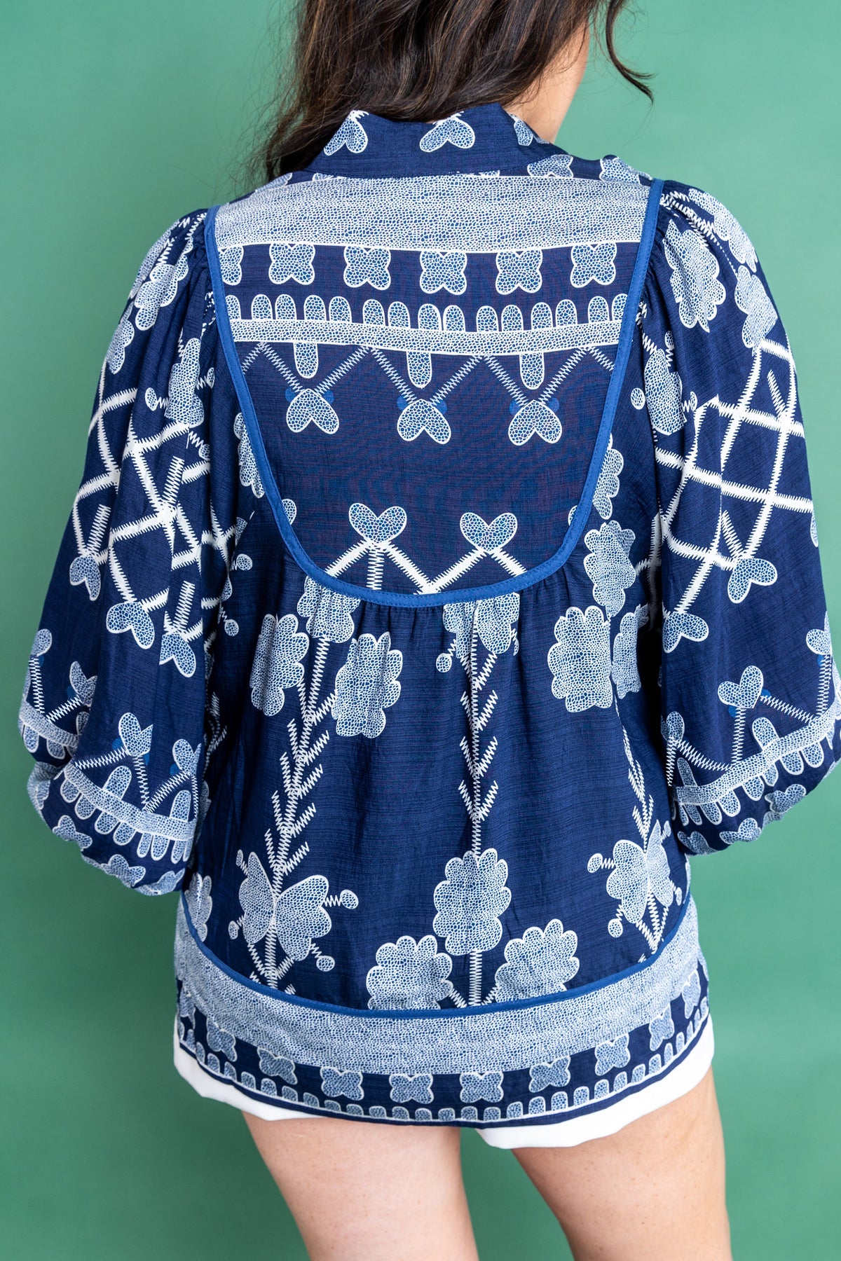 Blue Plus Size Floral Printed Notched Neck Long-Sleeve Blouse