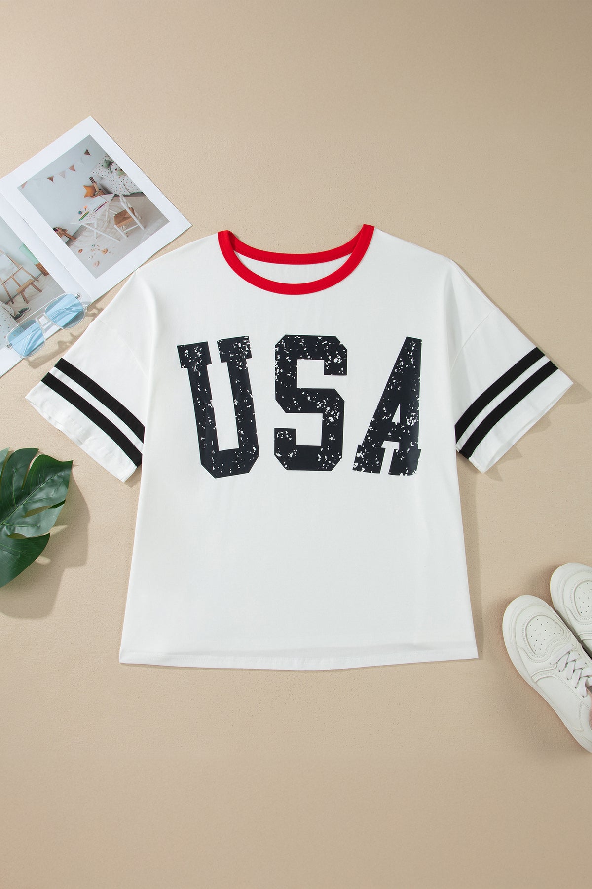 White Retro USA Striped Trim Short-Sleeve Plus Size Tee
