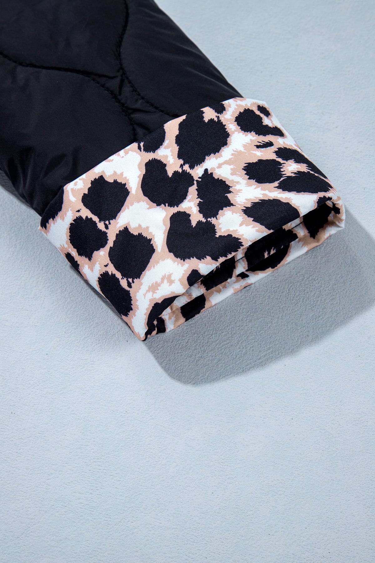 Black Quilted Leopard Cuff Button Down Puffer Jacket