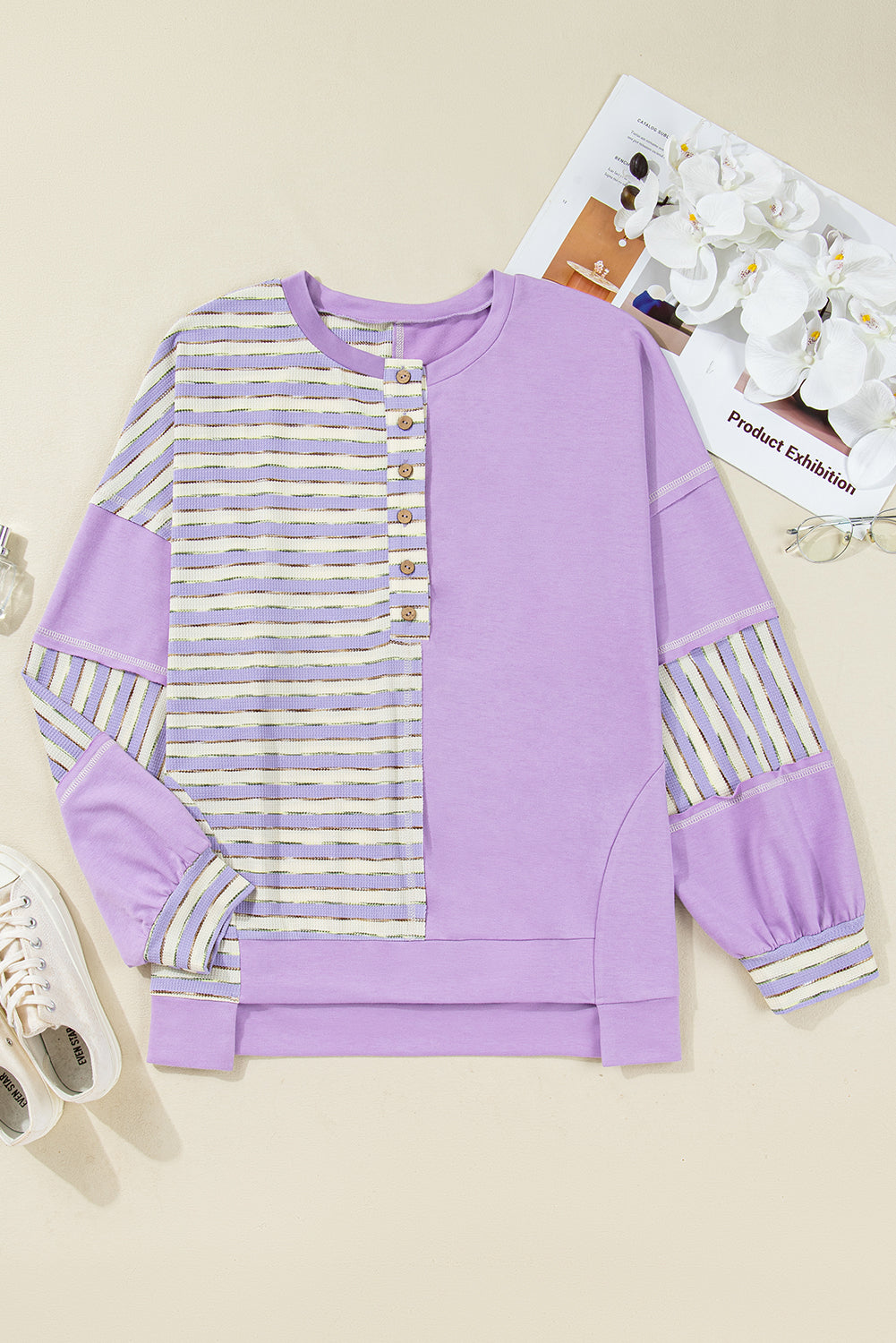 Purple Stripe Patchwork Buttoned Drop-Shoulder Plus Size Pullover