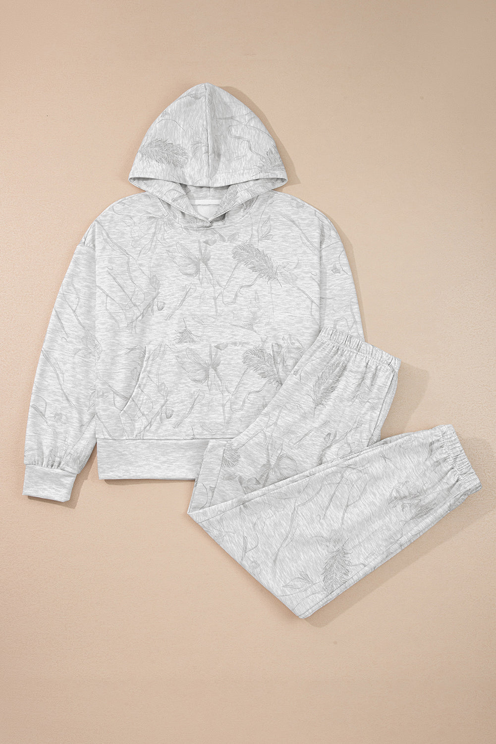 Women's Light Grey Abstract Print Drop Sleeve Hoodie Elastic Waistband Two-Piece Pants Two-Piec