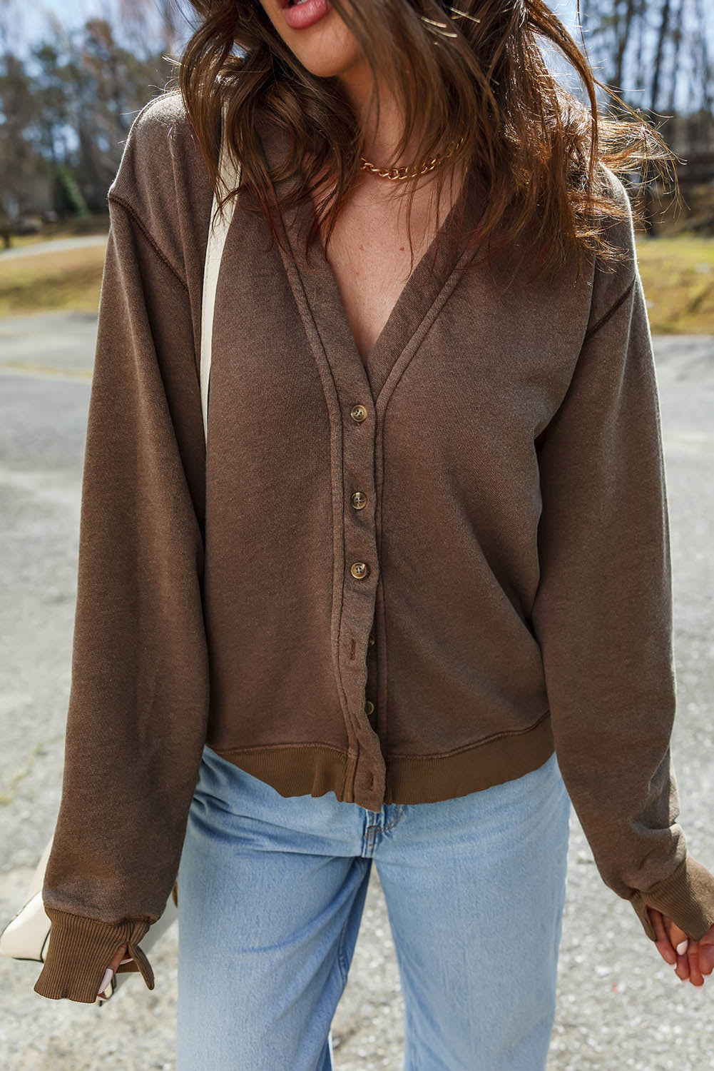 Coffee Button Front V Neck Casual Cardigan