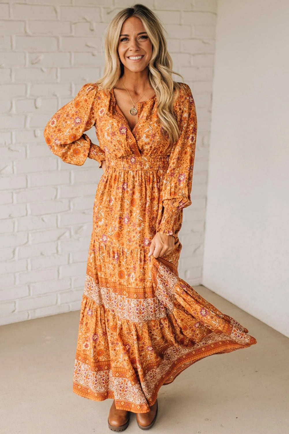 Orange Floral Print Smocked Waist Long Sleeve Boho Maxi Dress