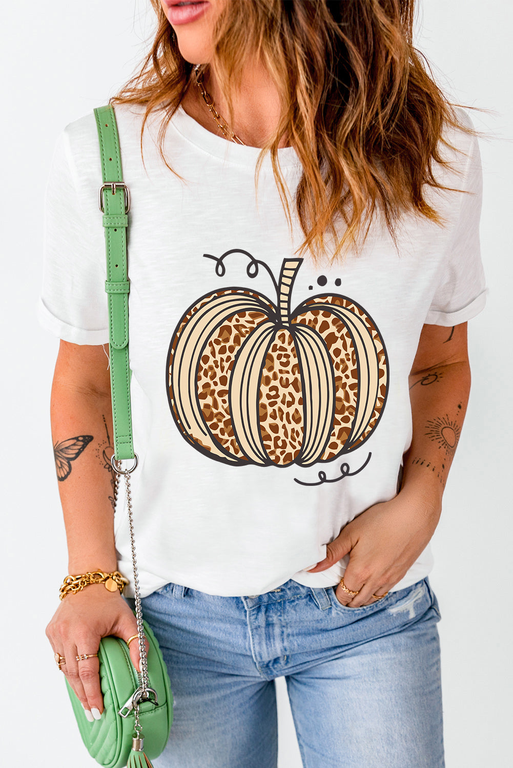 White Leopard Pumpkin Graphic Crewneck Halloween T-Shirt