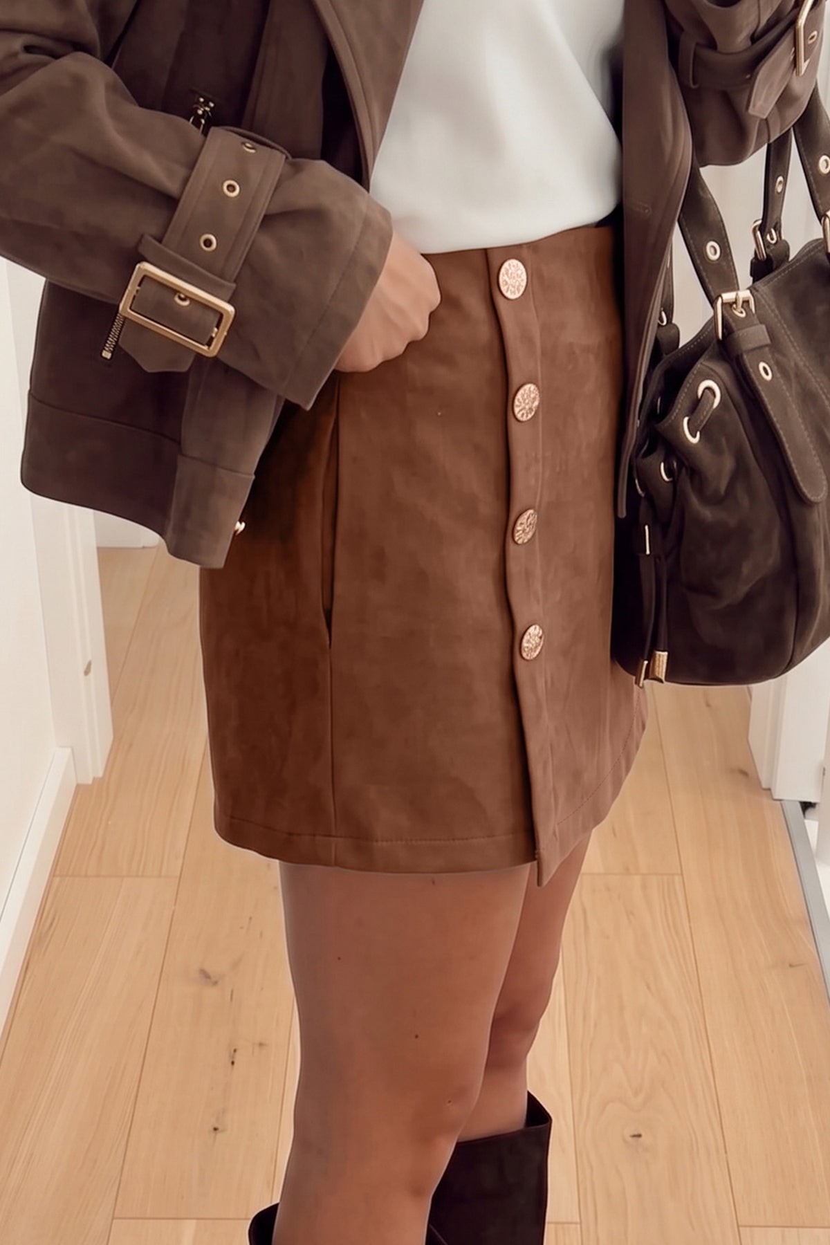 Dark Khaki Gold Button Asymmetric Wrapped Mini Skirt