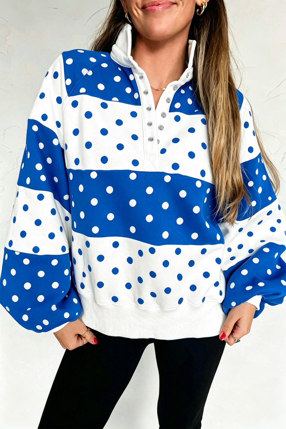 Blue Polka Dot Color Block Half Zip Puff Sleeve Sweatshirt