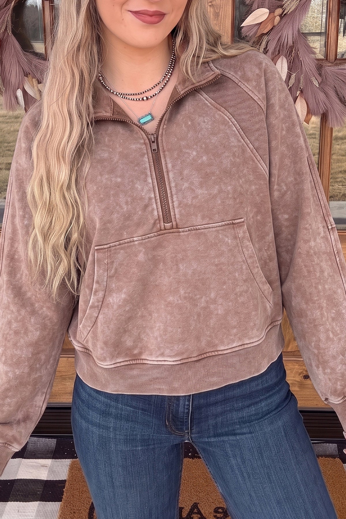 Chestnut Vintage Half-Zip Ribbed Cuffs Hem Sweatshirt