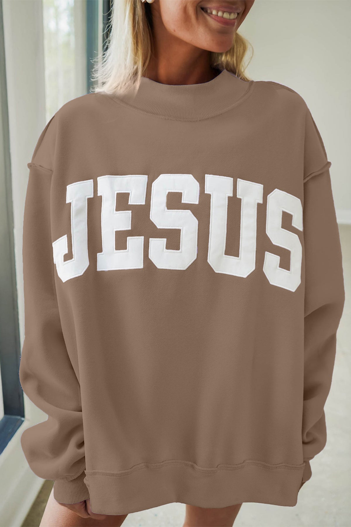 Meadow Mist Green JESUS Letter Patch Graphic Sweatshirt