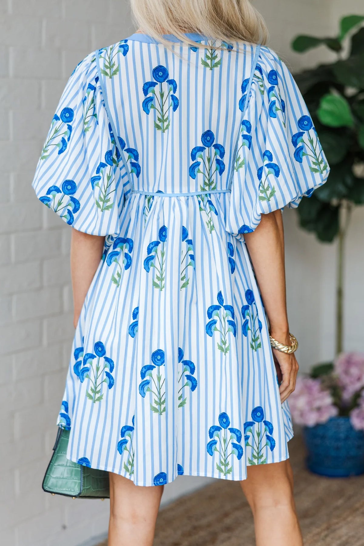 Pink Floral Striped Tie Notched Neck Puff Sleeve Flared Mini Dress