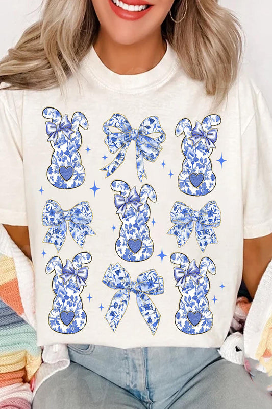 White Bowknot Bunny Graphic Easter Fashion T-Shirt