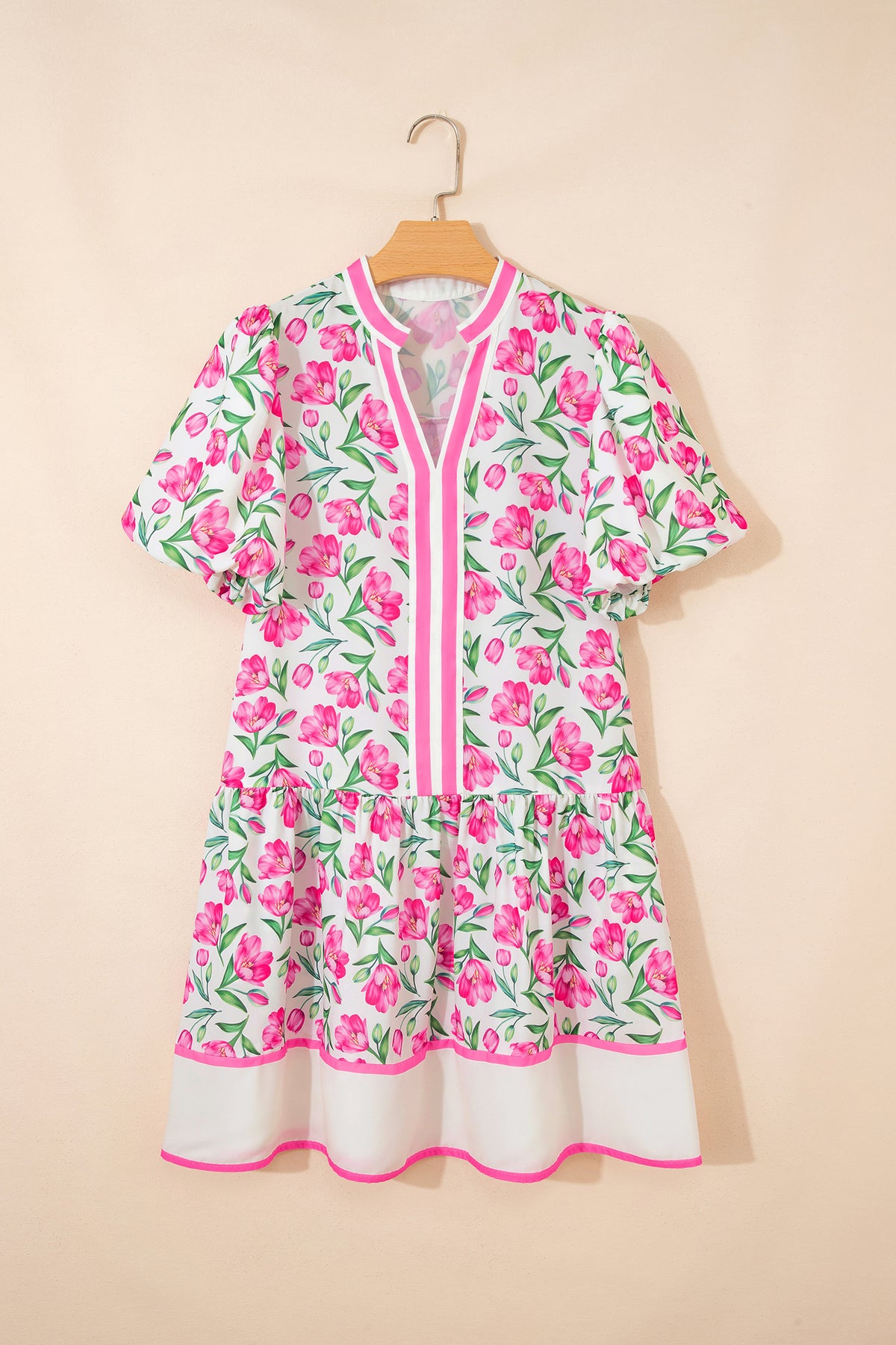 Multicolour Floral Print Striped Color Block Trim Short Dress