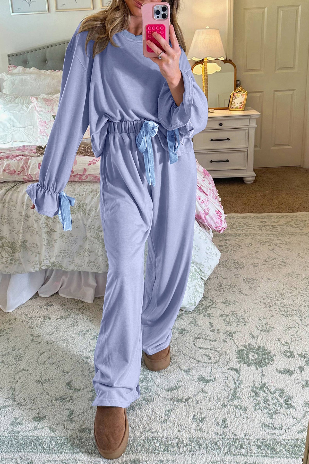 Beau Blue Flounce Long Sleeve Top Drawstring Pants Contrast Velvet Bow Lounge Set