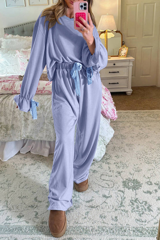 Beau Blue Flounce Long Sleeve Top Drawstring Pants Contrast Velvet Bow Lounge Set