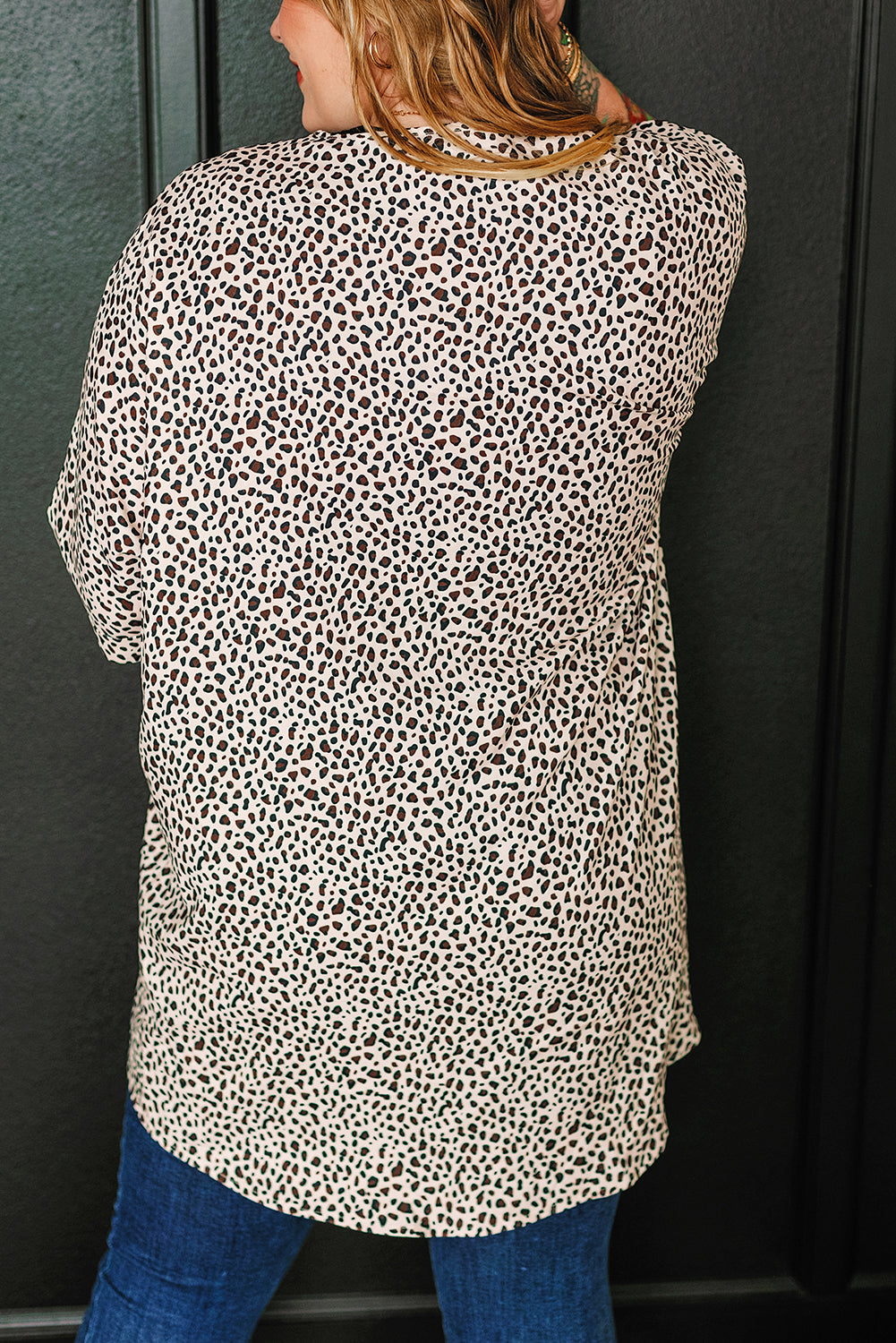 Khaki Plus Size Leopard Print Half-Sleeve Open-Front Cardigan