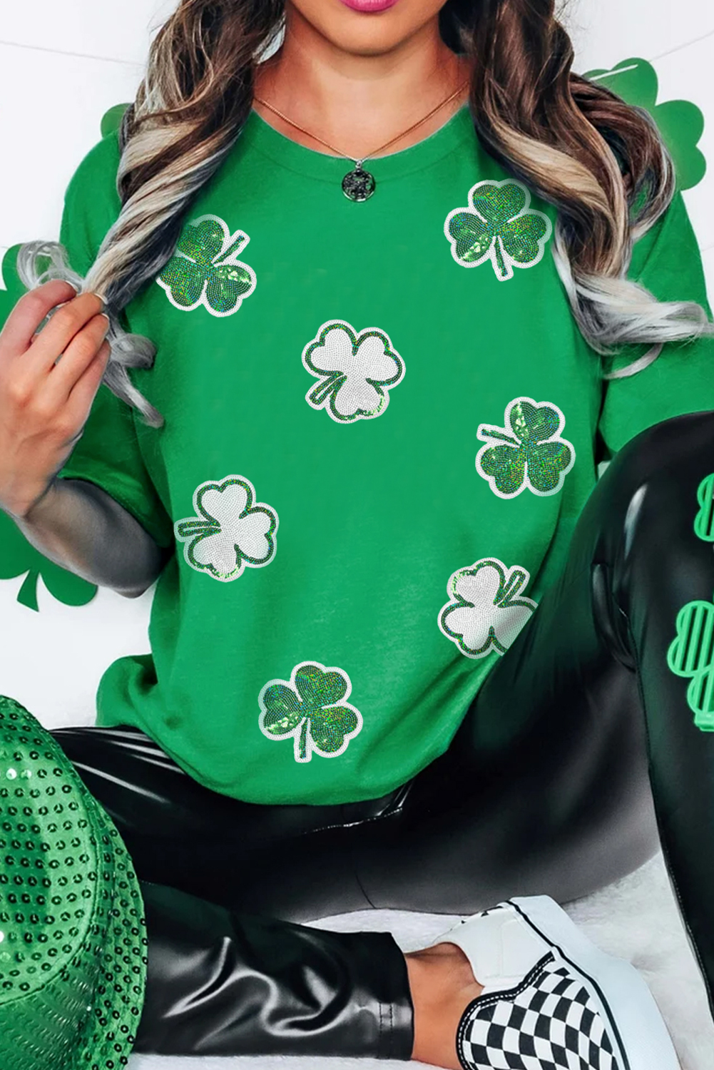 Bright Green St Patricks Sequined Clover Pattern T-Shirt