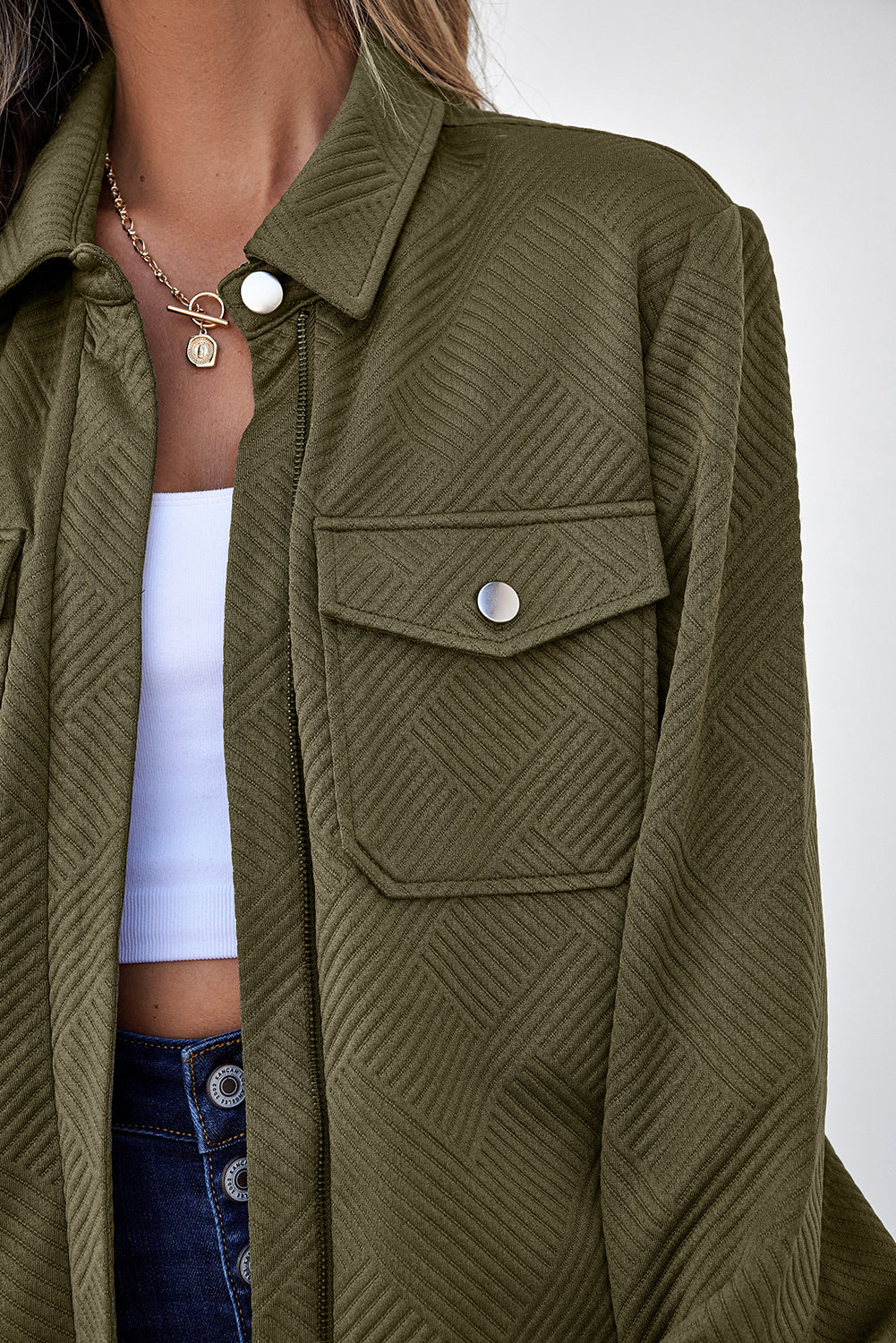 Blackish Green Zip Up Button Flap Pocket Shirt Collar Jacket