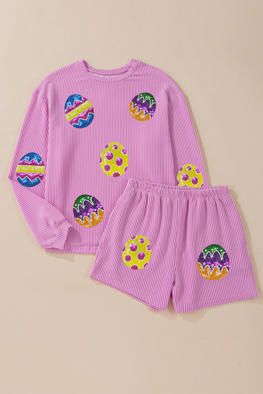 Phalaenopsis Easter Egg Patched Graphic Corded Long Sleeve Top Shorts Set