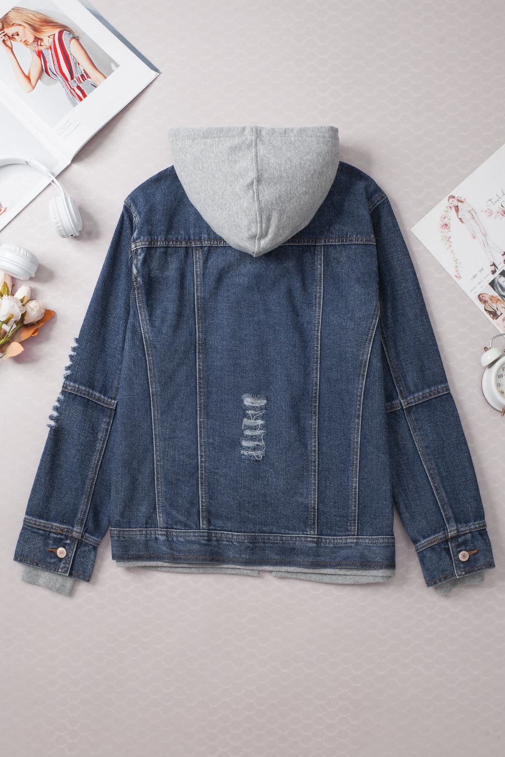 Dark Blue Faux Layered Hooded Zip-Up Denim Jacket