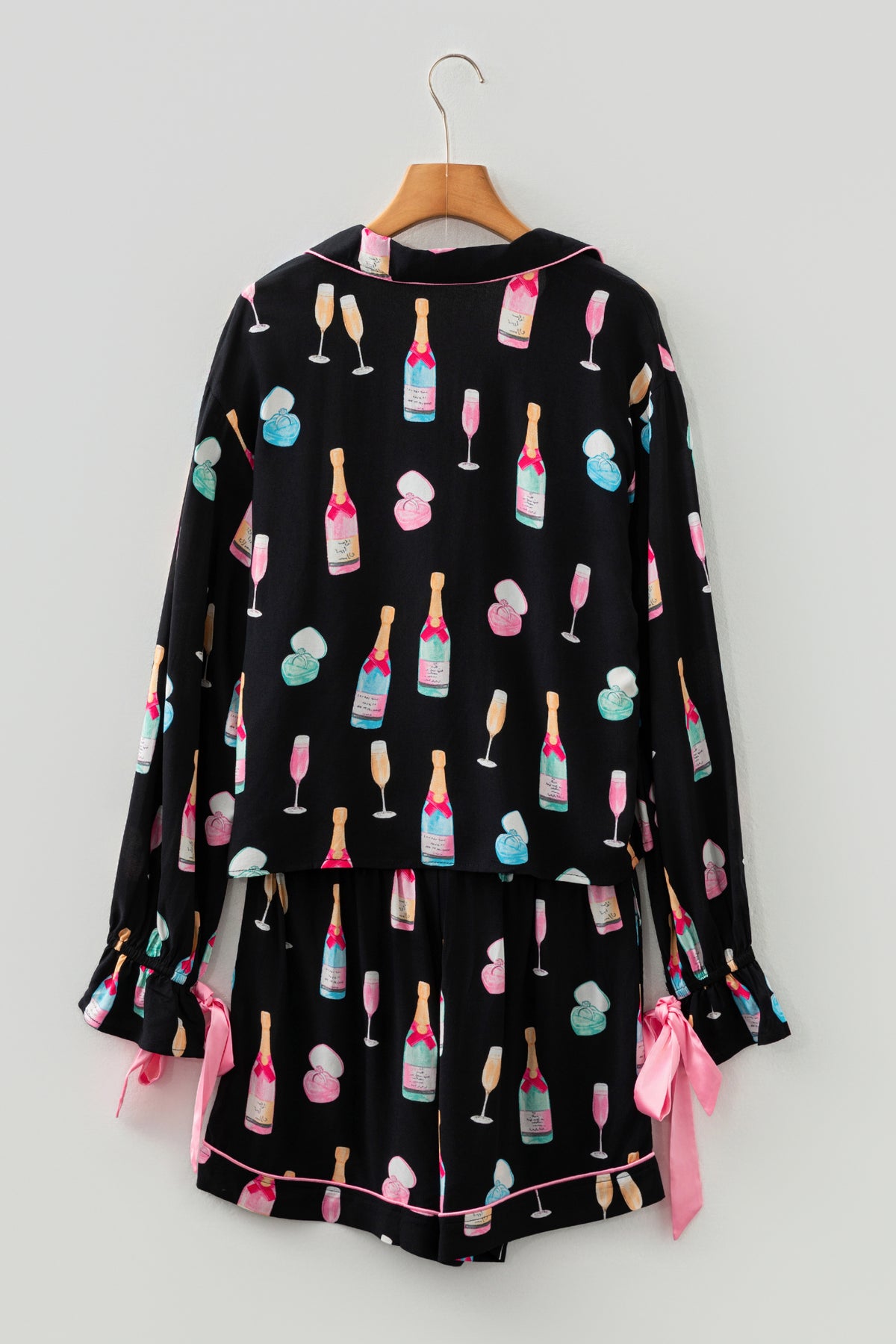 Black Christmas Wine Glass Print Bow Knot Pajama Set