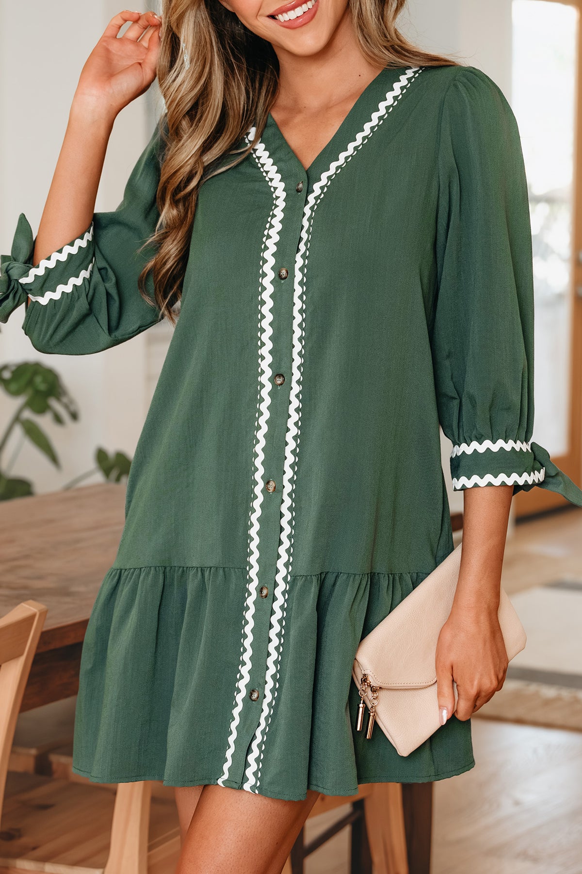 Canton Ricrac Trim Button V Neck Knotted Bracelet Sleeve Shift Dress