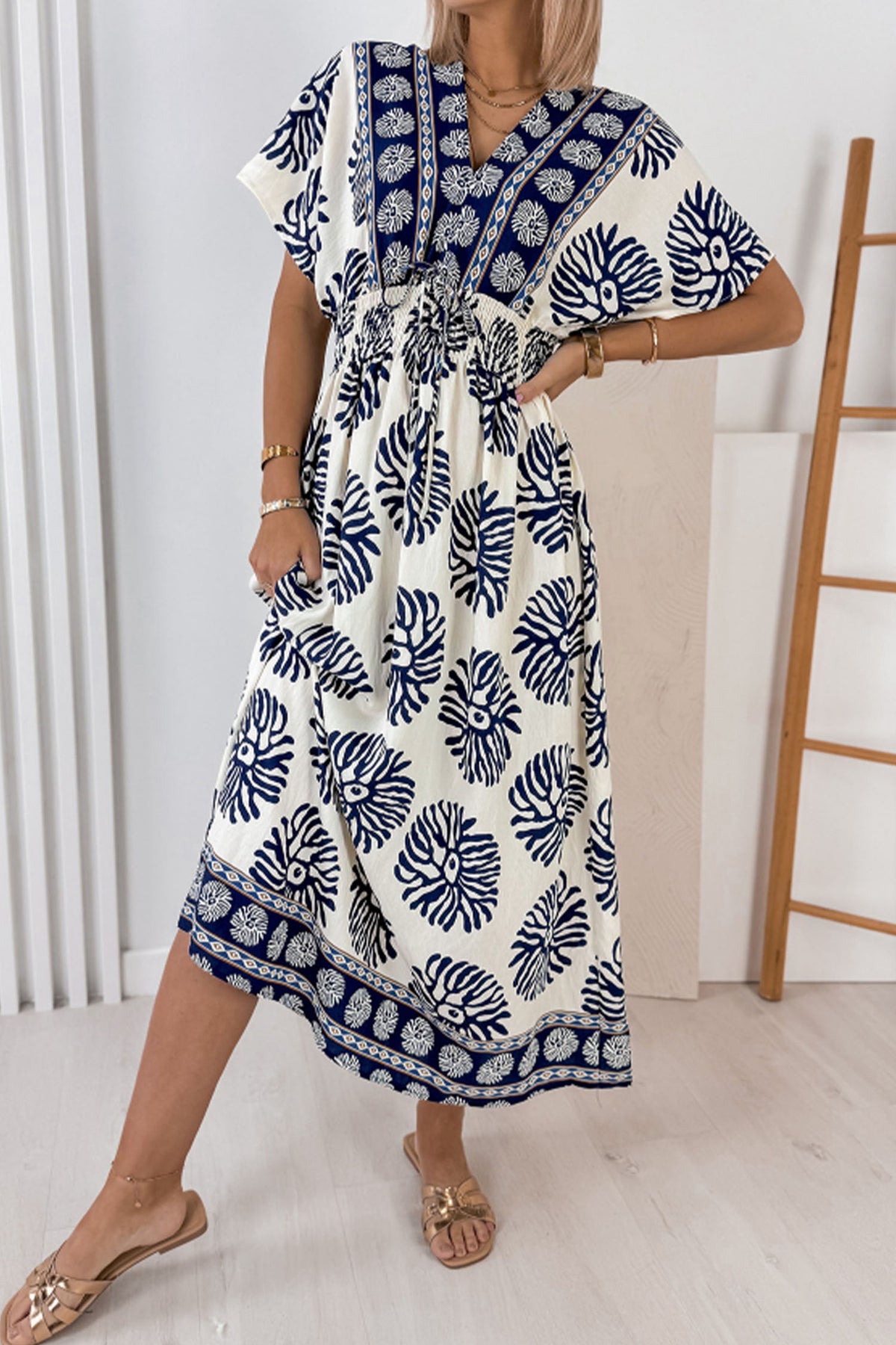Blue Floral V-Neck Maxi Dress