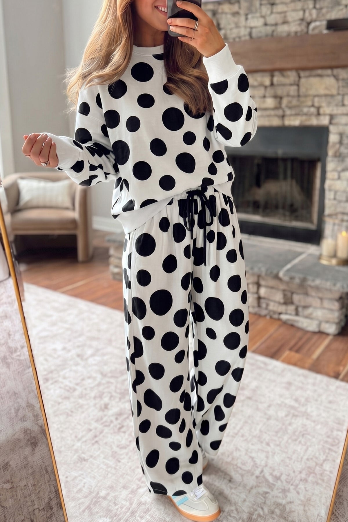Women's Khaki Polka Dot Long-Sleeve Top Drawstring Relaxed Pants Set