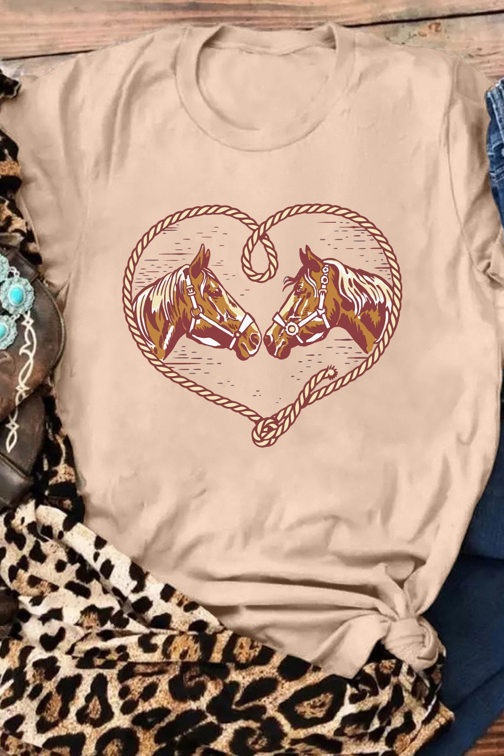 Khaki Rodeo Horse Graphic Western Cowgirl Fashion T-Shirt