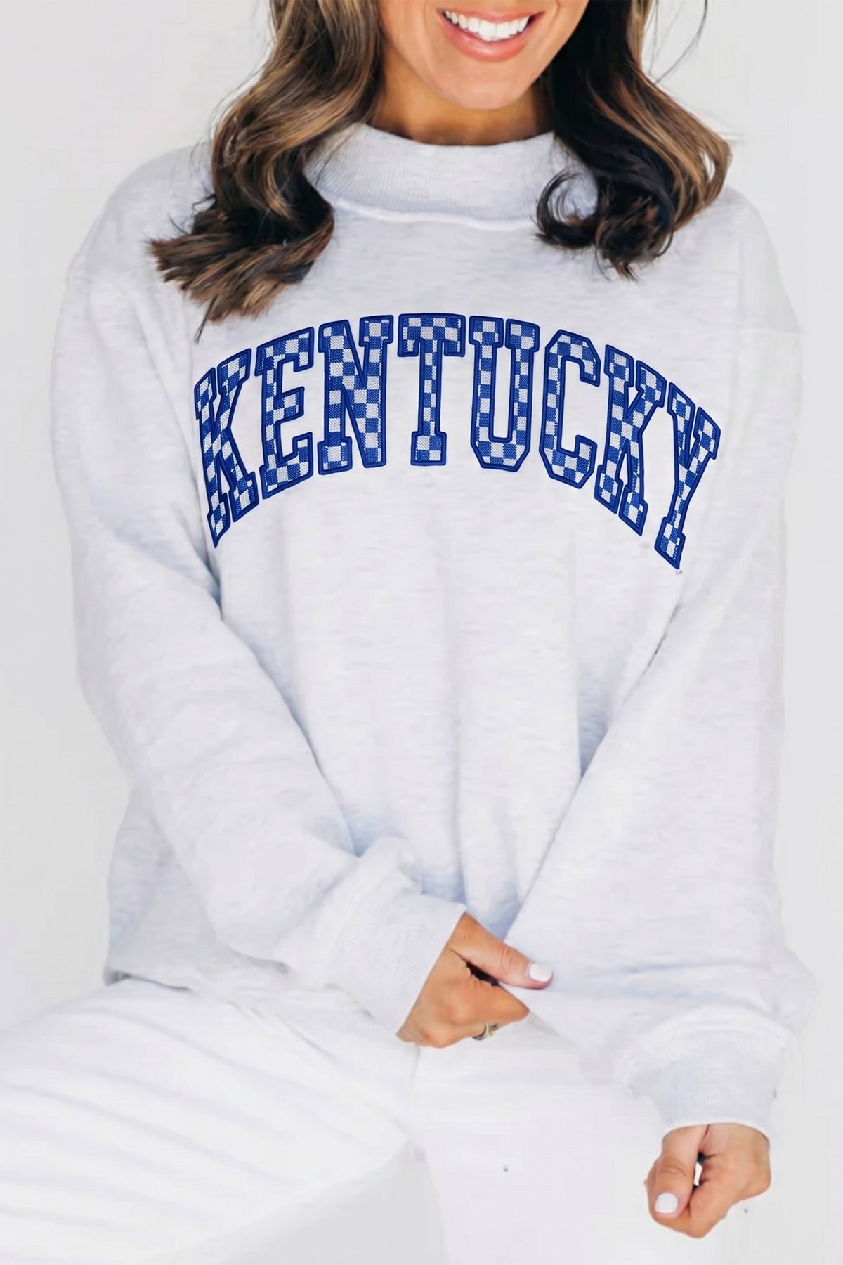 Light Grey High Neck Embroidered Checkered Sweatshirt