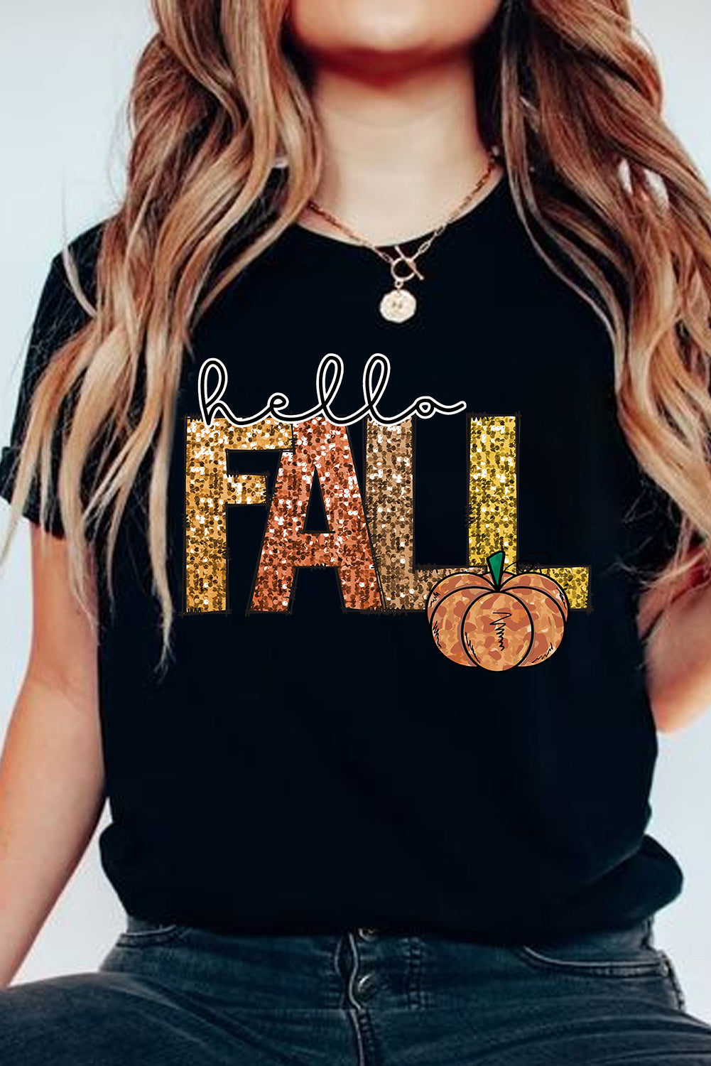 Black Hello Fall Letter Pumpkin Printed Thanksgiving T-Shirt