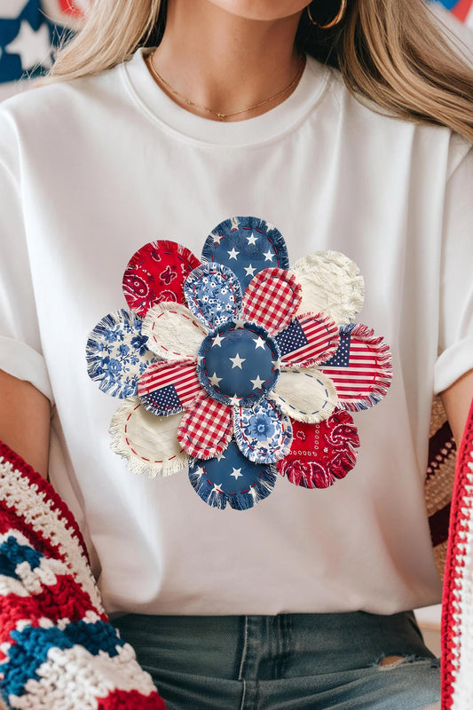 White Faux Patchwork Patriotic Flower Printed T-Shirt