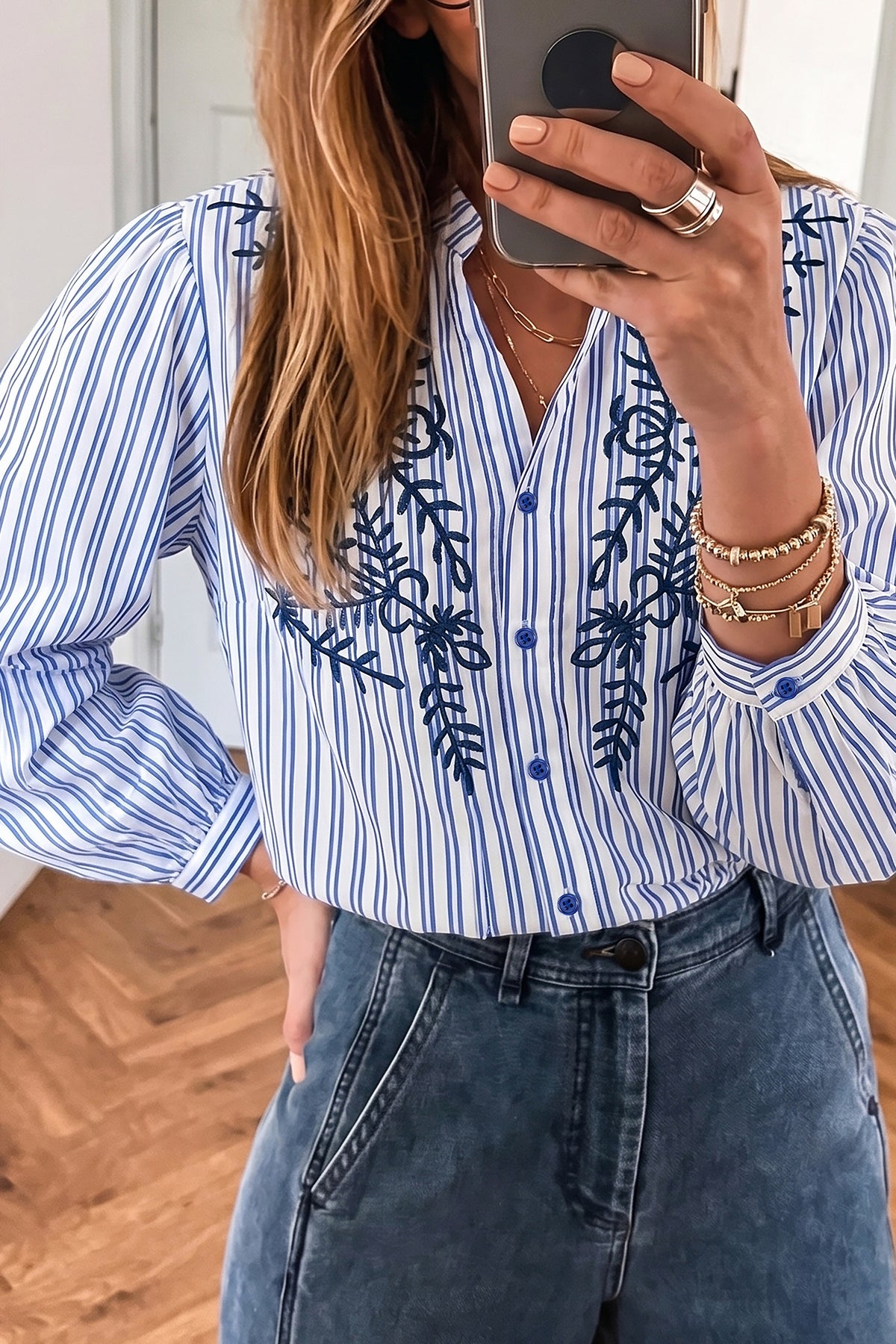 Blue Stripe Embroidered Button Front Shirt