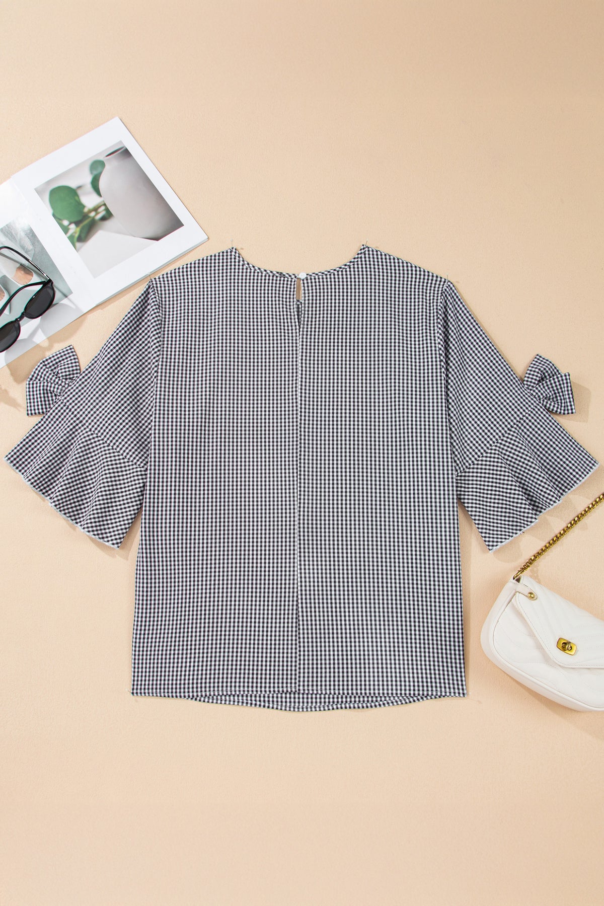 Black Plus Size Plaid Bow Decor Bell Sleeve Round-Neck Jumper