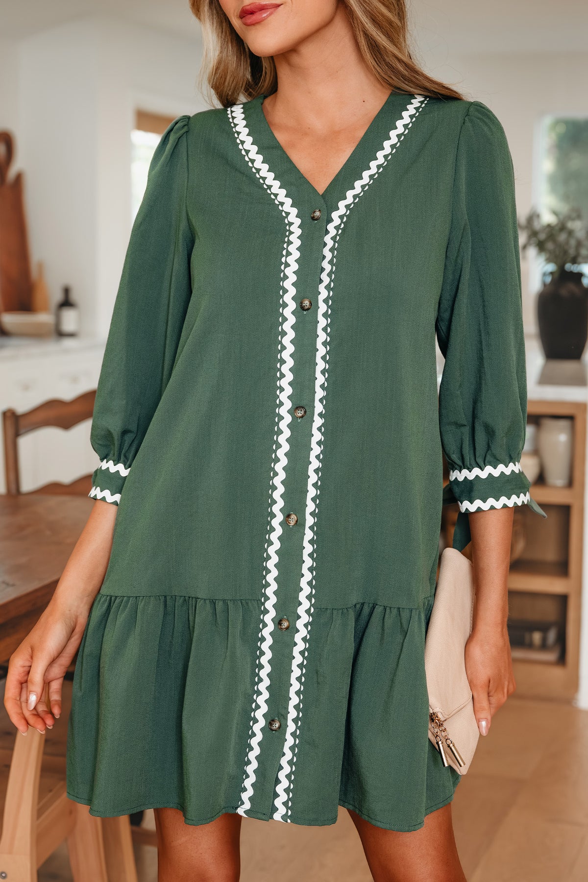 Canton Ricrac Trim Button V Neck Knotted Bracelet Sleeve Shift Dress