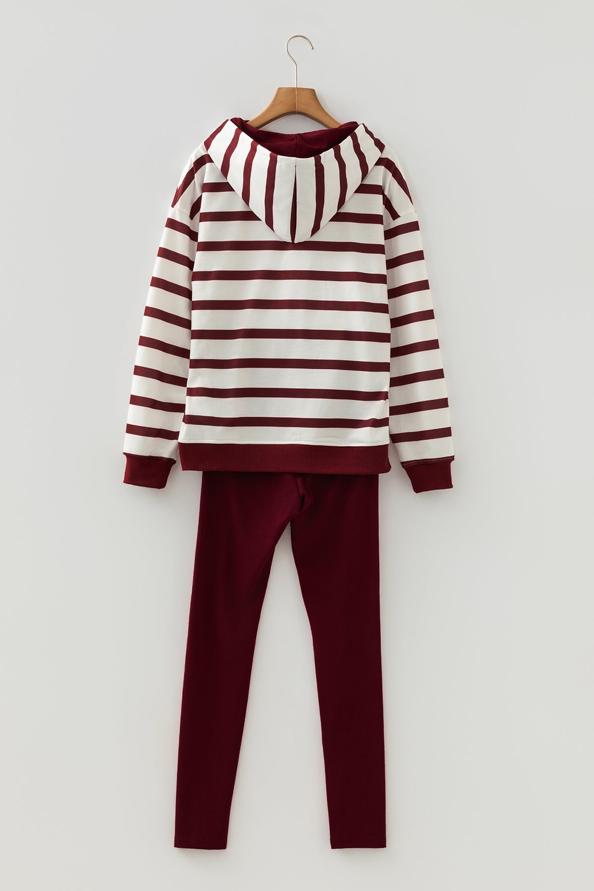 Women's Red Stripe Pullover Hoodie Ribbed Solid Pants Two-Piece Set Outfit