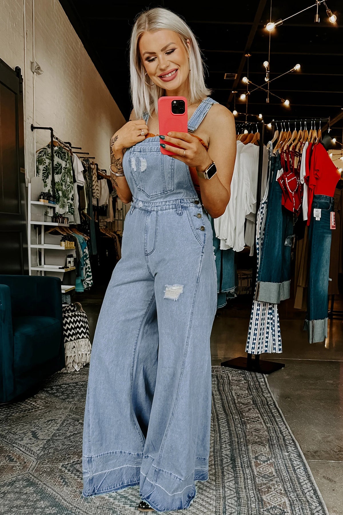 Mist Blue Retro Distressed Button Adjustable Straps Denim Jumpsuit