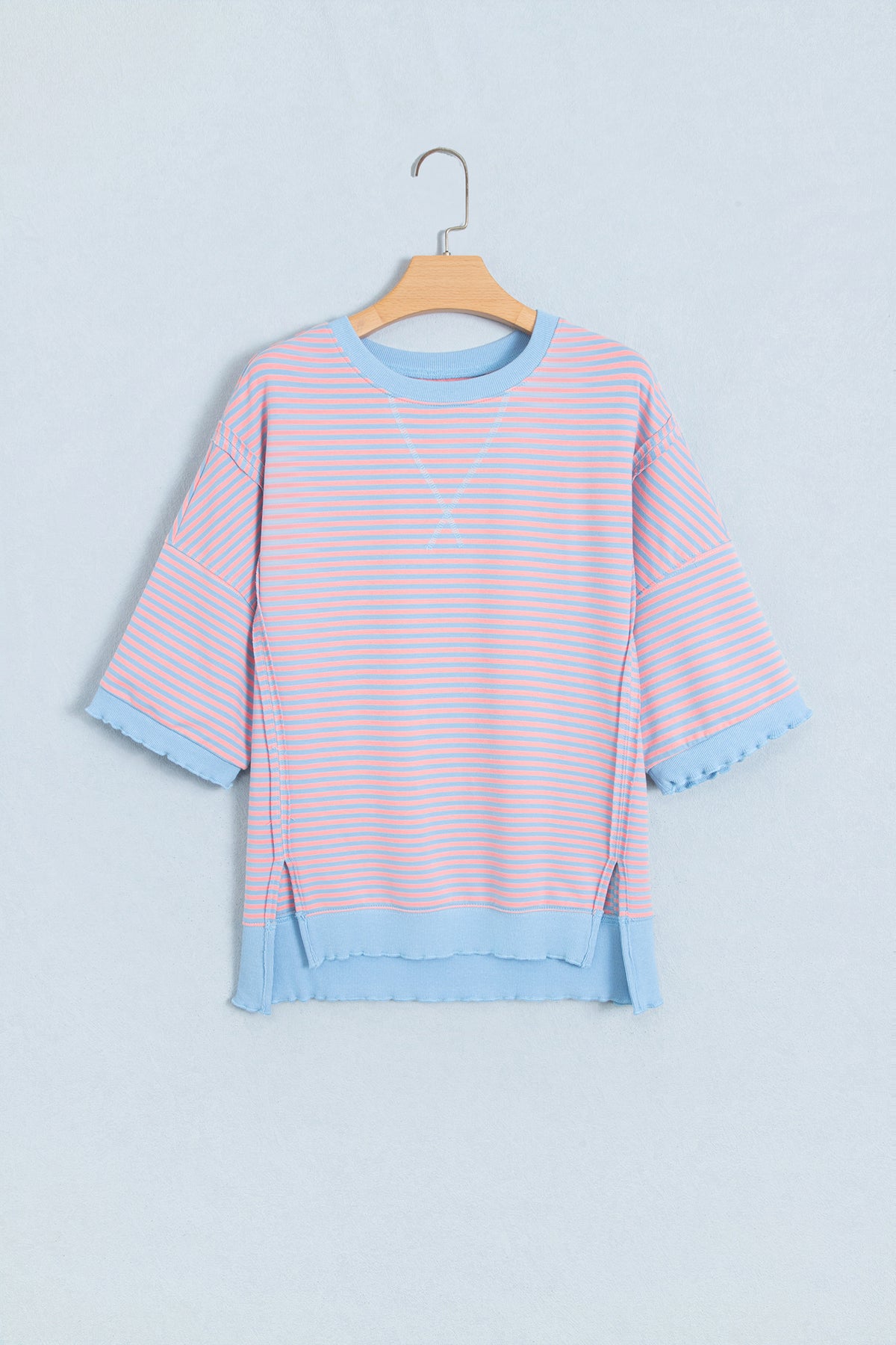 Sky Blue Stripe Colorblock Scalloped Trim 3/4 Sleeve Top