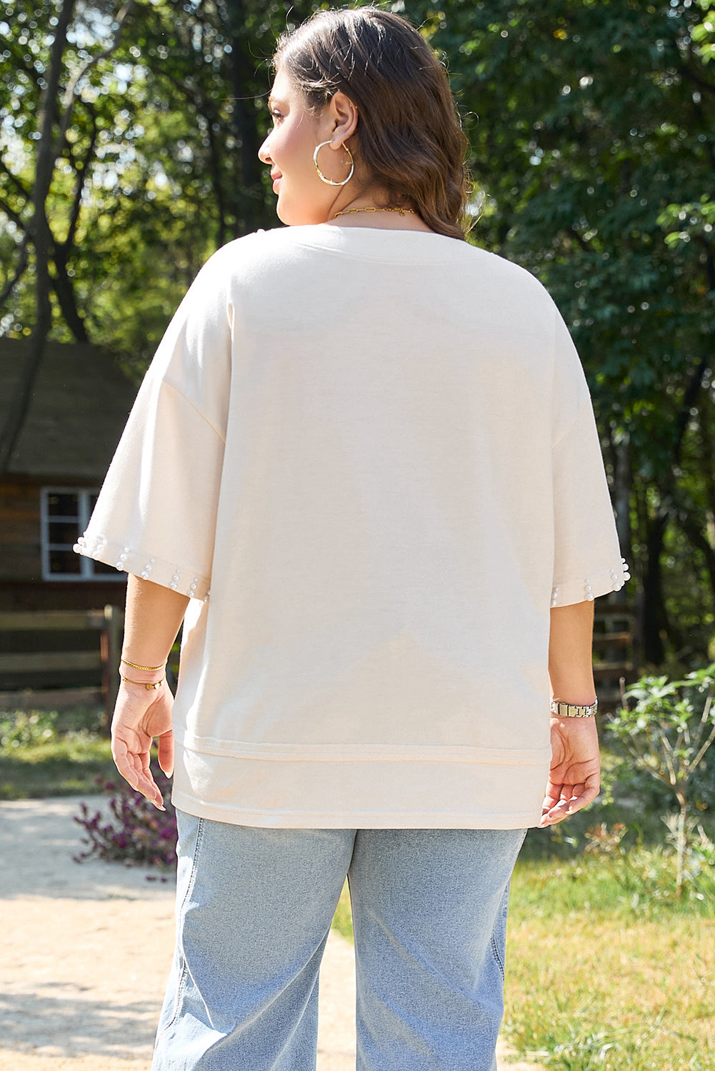Beige Pearl Decor Crew Neck Half-Sleeve Plus Size T-Shirt