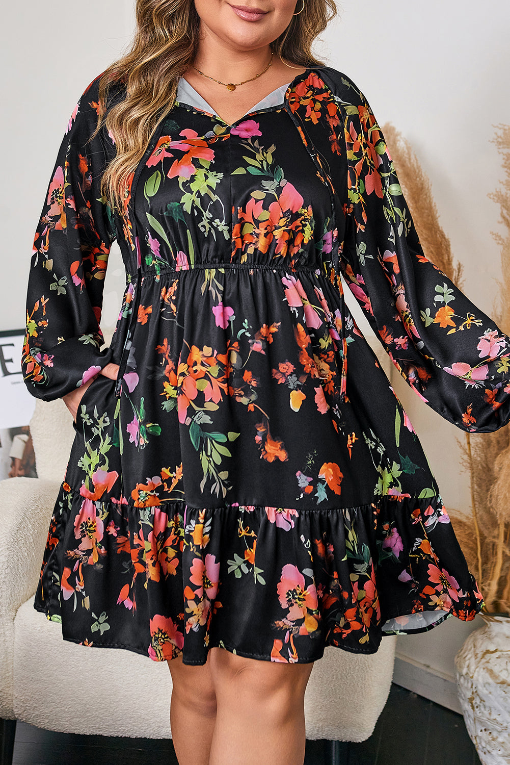Black Floral Tie-Neck Plus Size Mini Dress