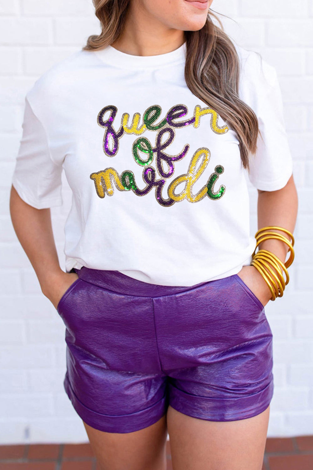 White queen of mardi Sequin Letter Graphic T-Shirt