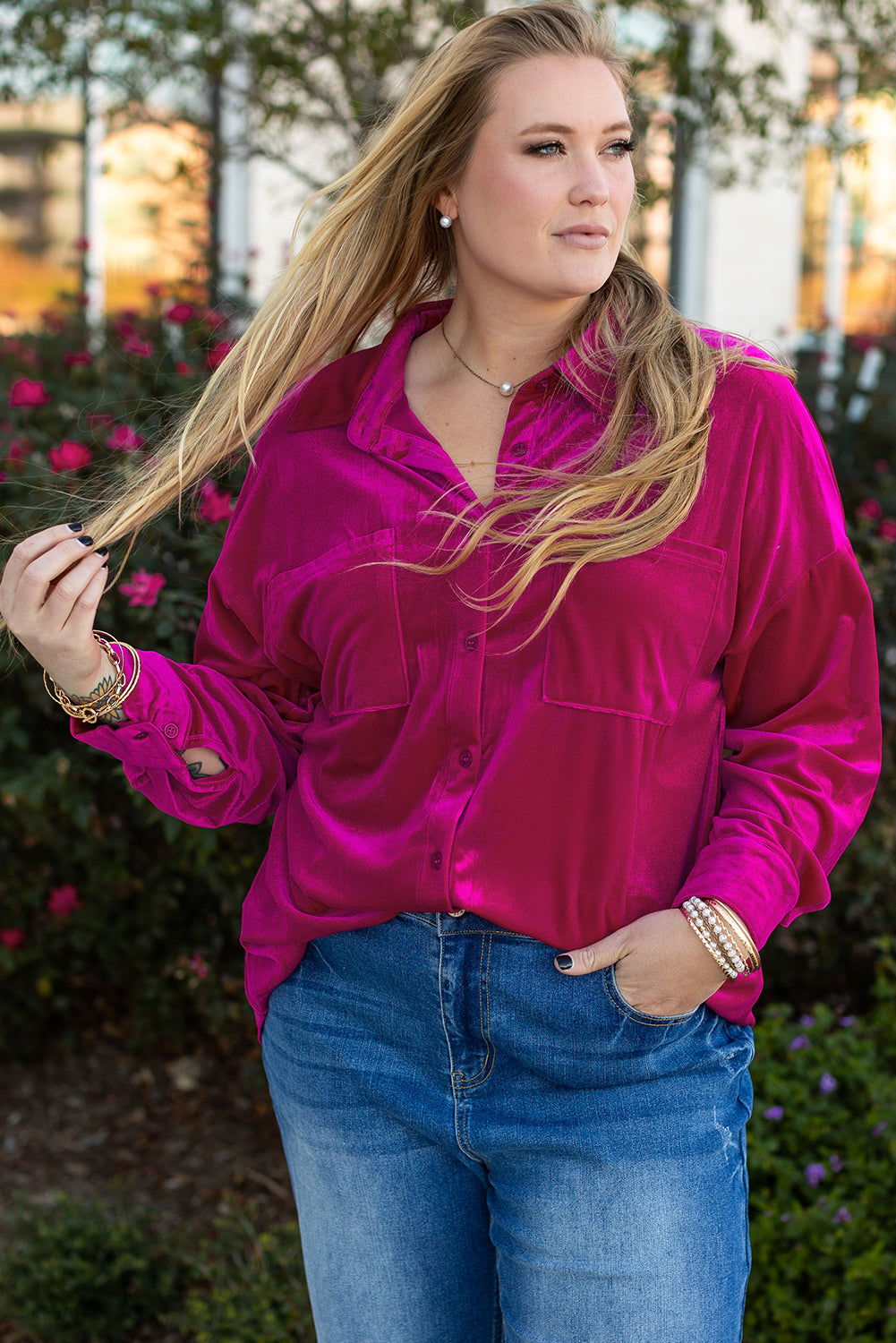 Bright Pink Plus Size Velvet Chest Pocket Drop-Shoulder Shirt