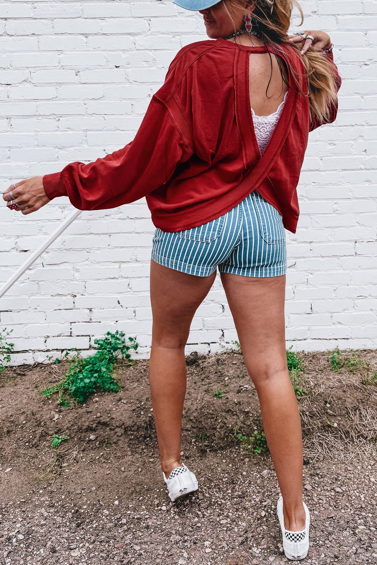 Racing Red Ribbed Cutout Back Sweatshirt