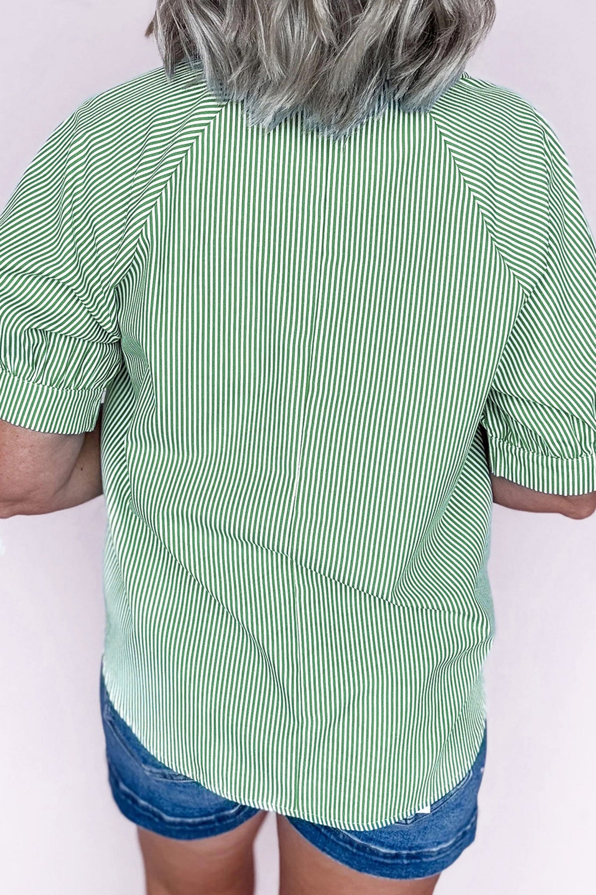 Mint Green Plus Size Striped Print Collar V-Neck Short-Sleeve Blouse
