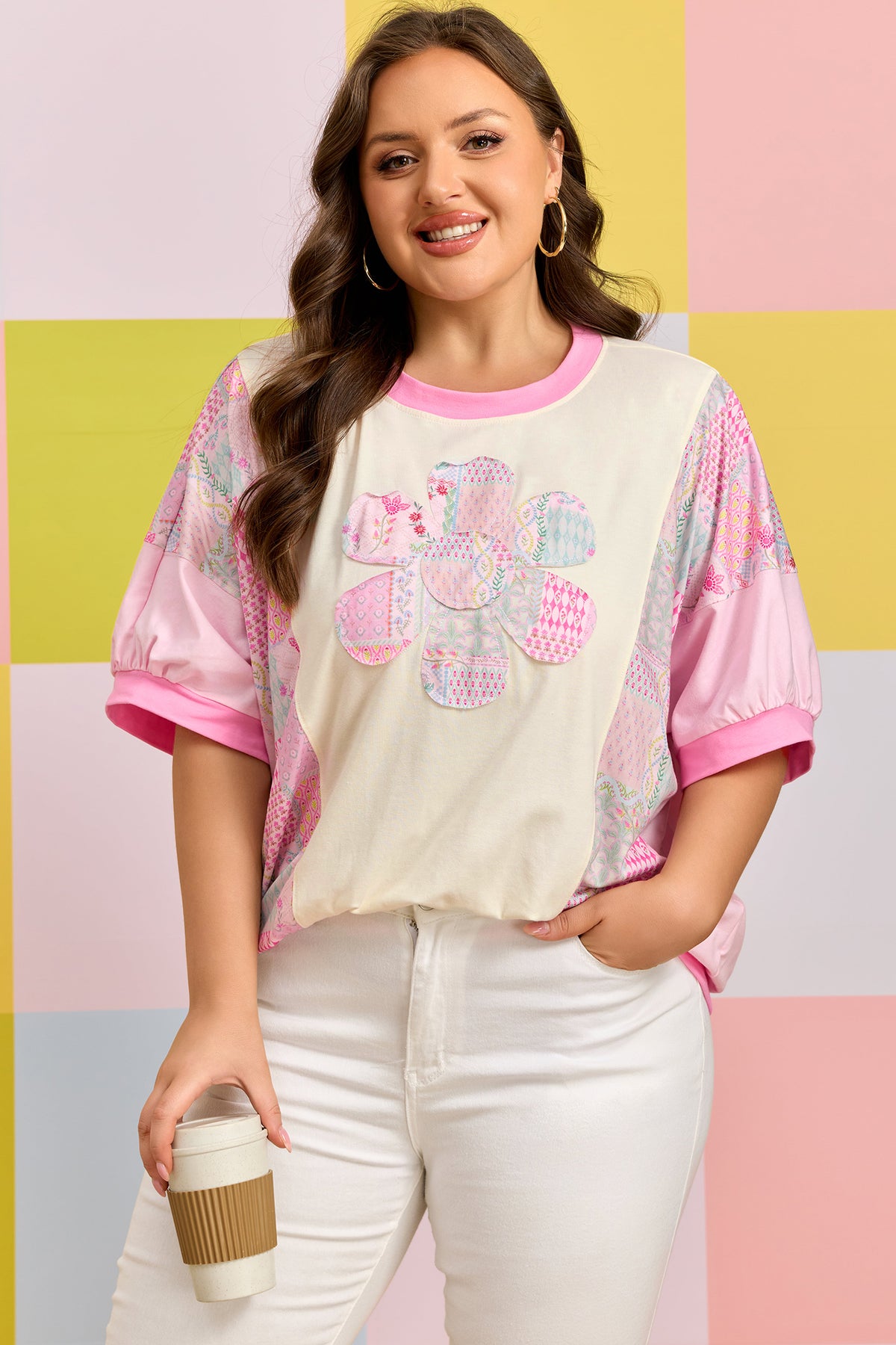 Beige Plus Size Floral Patchwork Short-Sleeve Patch Embroidery Cotton T-Shirt