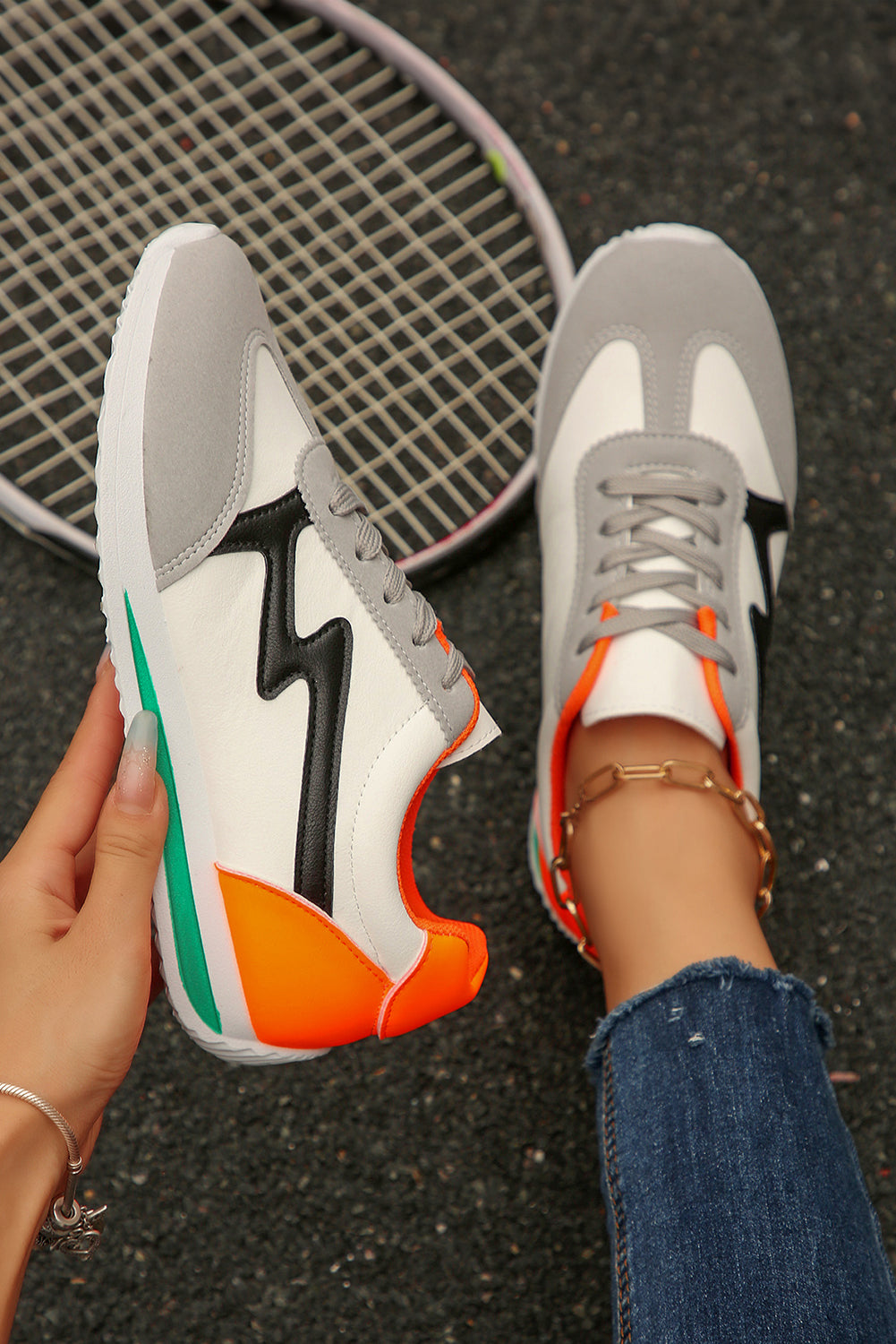 White PU Leather Color Block Patchwork Lace-Up Sneakers